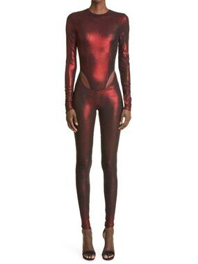 $1295 LaQuan Smith Women's Cut Out Hip Mesh Jumpsuit Catsuit in Oxblood Size L